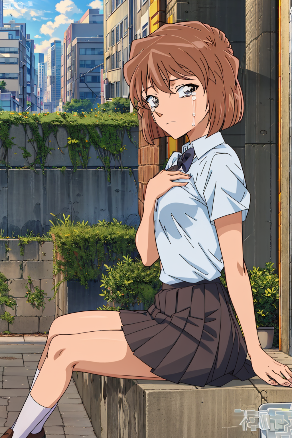 00302-2450318359-haibaratv,1girl,brown hair,short hair,small breasts,school uniform, pleated skirt,sky,cityscape,from side, sitting, looking at v.png